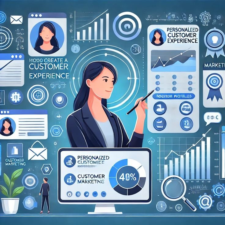 The image is an artistic, data-rich visualization illustrating the concept of Personalized Customer Experience with Data-Driven Marketing.