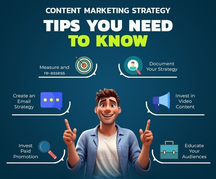 The image presents six essential tips for a strong Content Marketing Strategy. A friendly, animated man in a blue shirt is pointing to the different tips, which are arranged around him.
