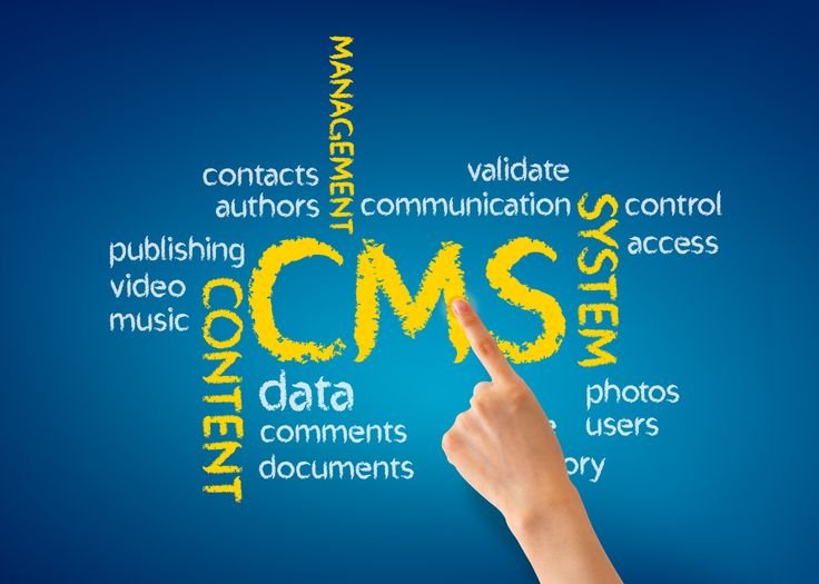 
A dark blue background featuring a word cloud centered around the bright yellow letters "CMS" (Content Management System).