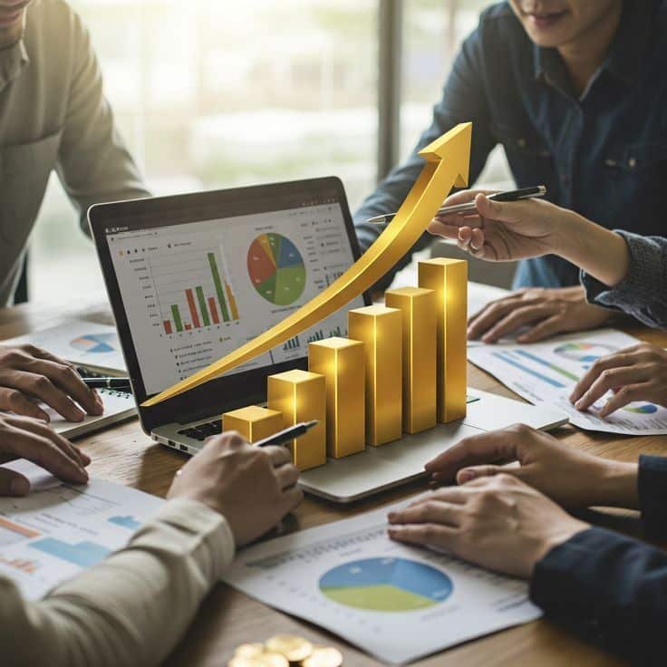 Team meeting focused on business growth and marketing performance analysis, with charts and a 3D upward arrow.