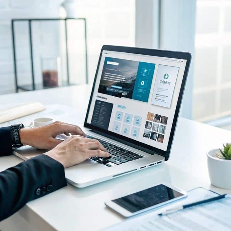 Close-up of a person working on a laptop displaying a modern, professional website layout.