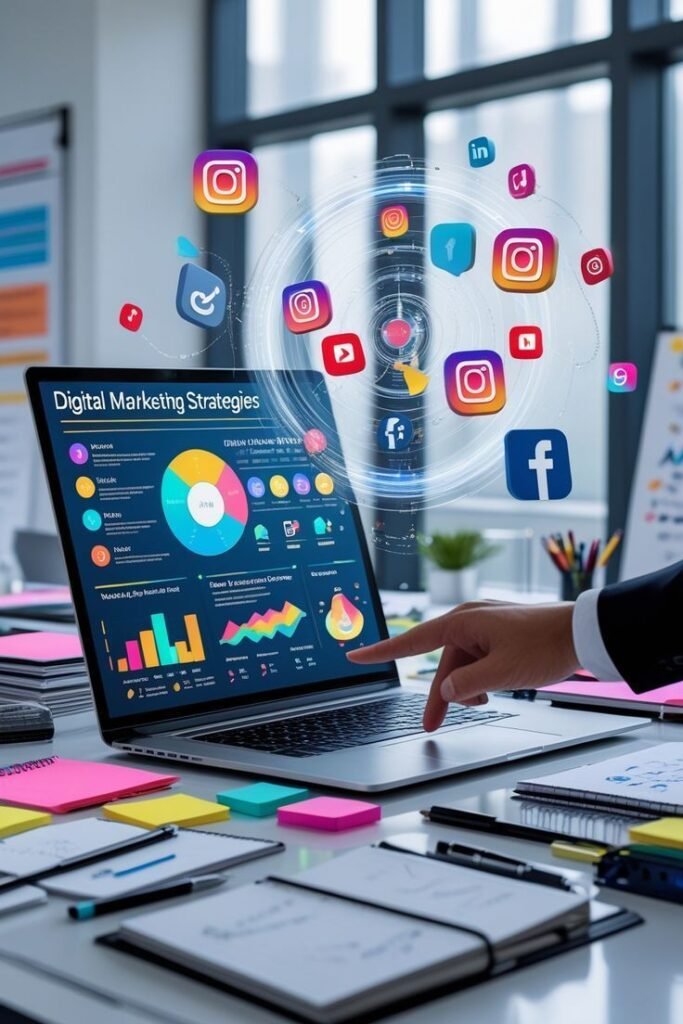 Image representing digital marketing, social media strategy, and data analysis on a laptop.