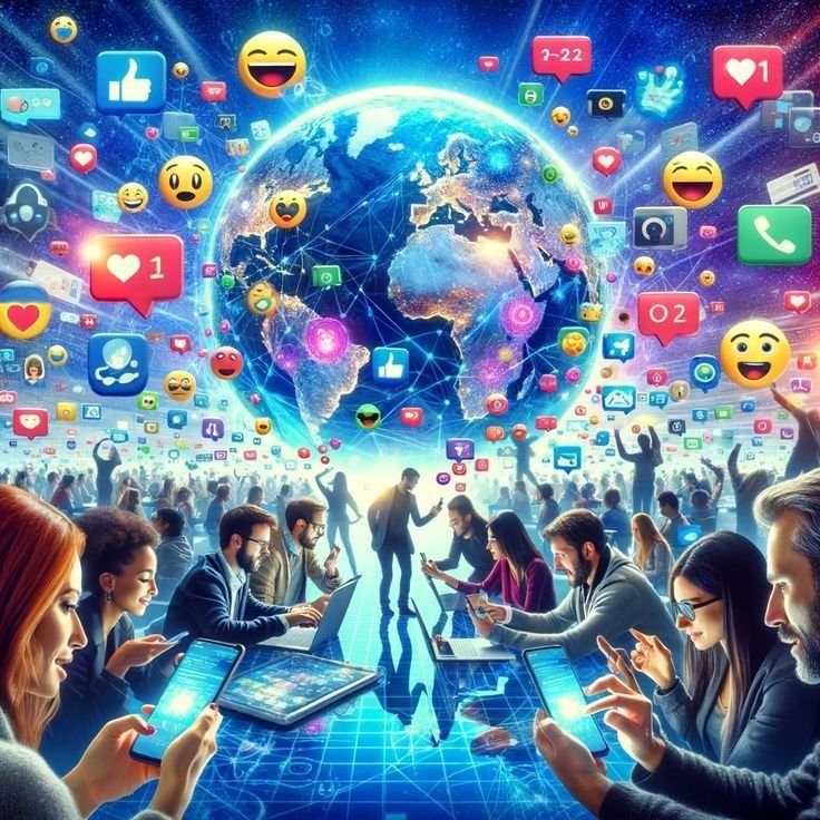 
A highly dynamic and colorful digital illustration representing global social media and digital connectivity.