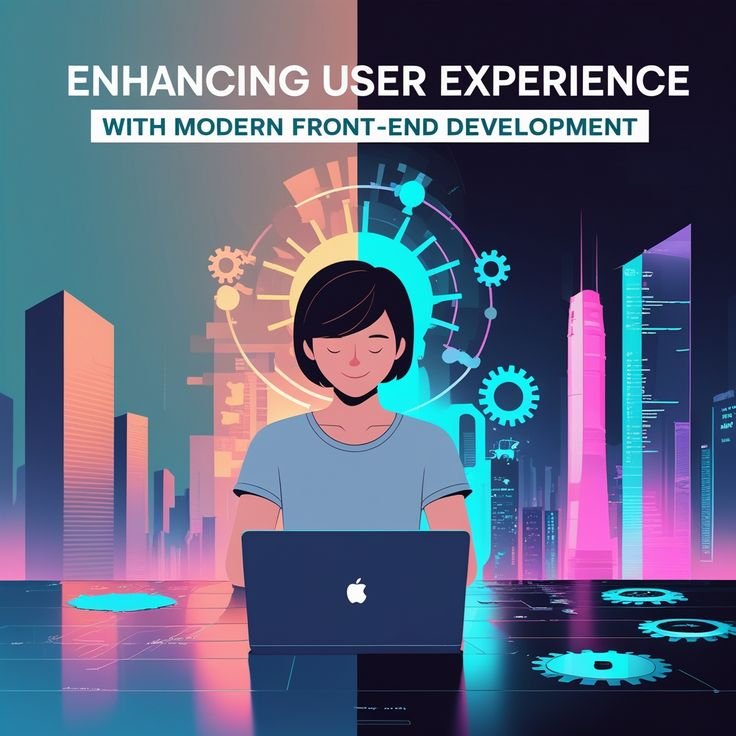 
A vibrant digital illustration focusing on a female developer sitting at a laptop in front of a modern city skyline at night.