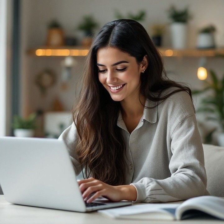 Woman smiling while typing on a white laptop at a desk with plants in the background.